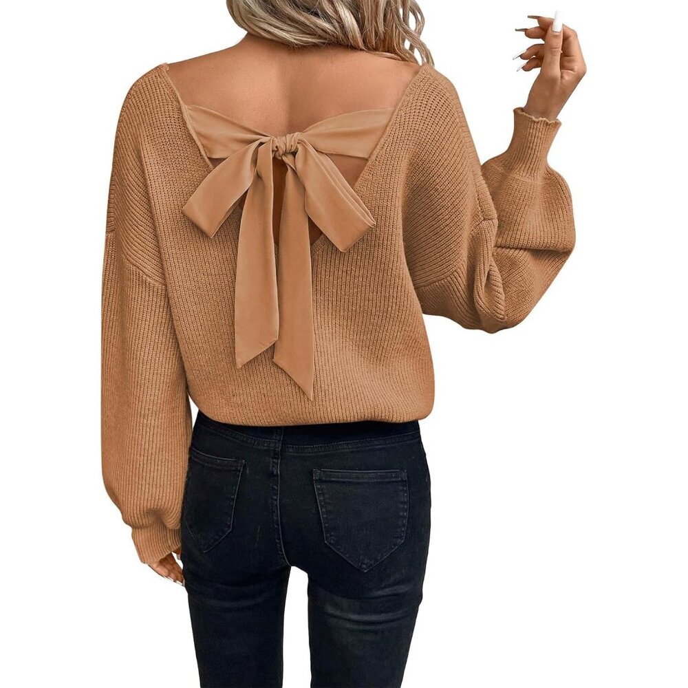 Womens Pullover Sweater Knit Long Sleeve V Neck Casual Loose Fit